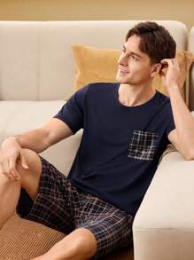 Men's Plaid Pocket Short Sleeve Shirt And Shorts Pajama Set - Navy Blue - View 6