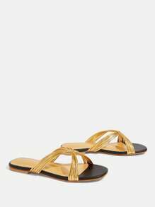 CUCCOO TILAWA 女士金色交叉带圆头平底海滩度假风格凉鞋，夏季 - 金色 - 查看 9