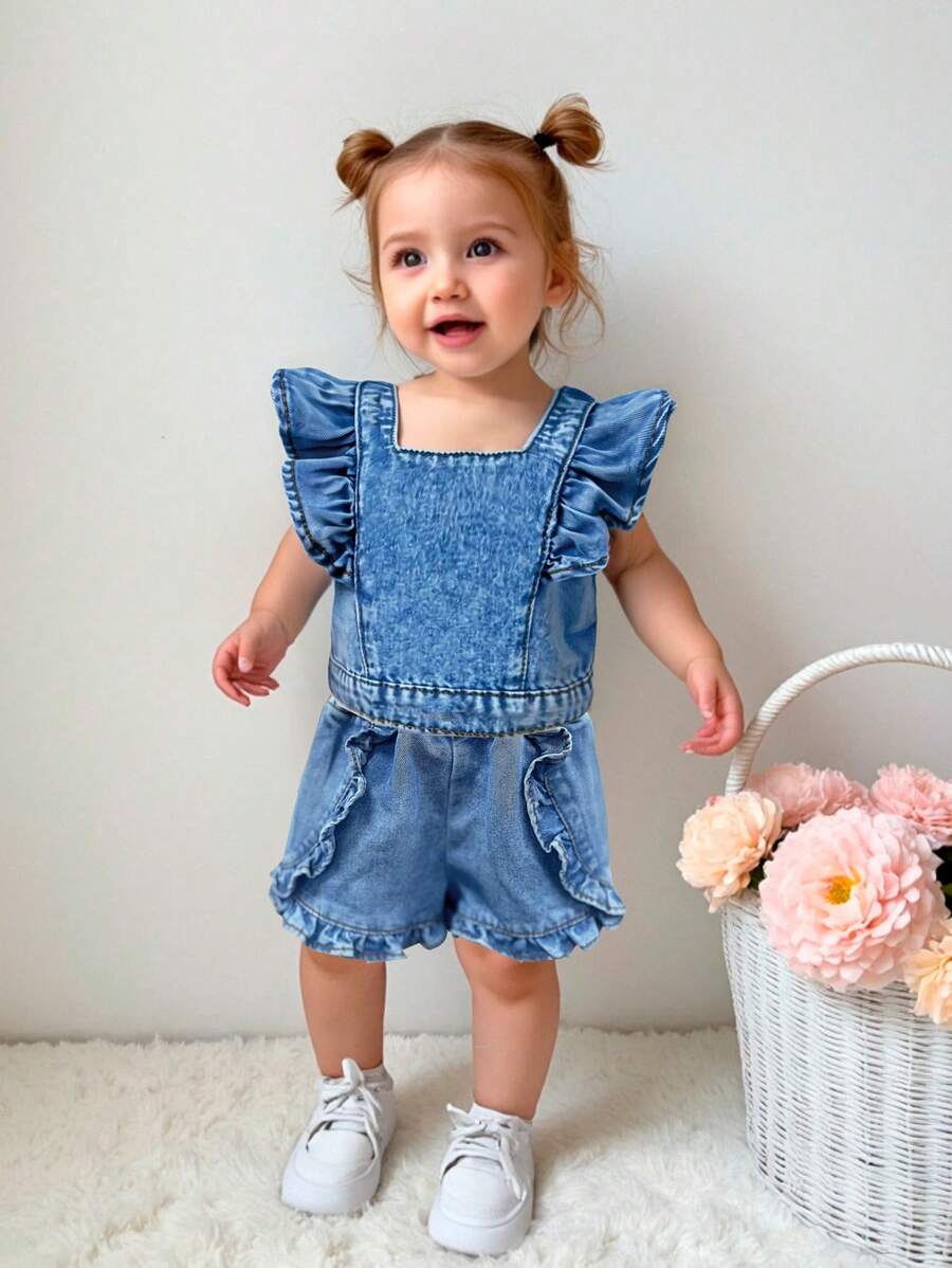 SHEIN 2 Stück/Set 2025 Neue Baby Mädchen Blaue Denim Volantärmel Oberteil und Shorts Set