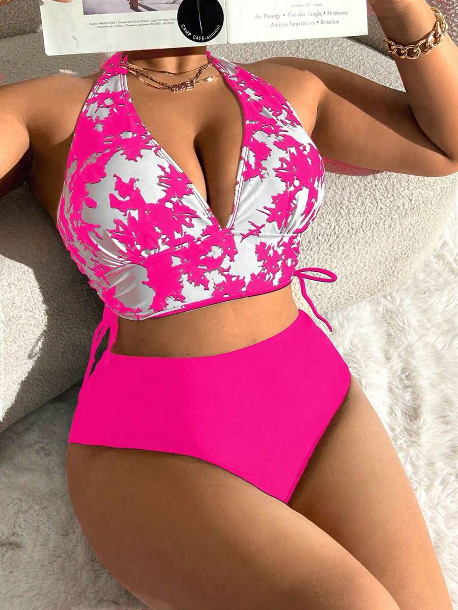 Swim Lushoire Plus Size Swimsuit Set, Functional Swimwear & Triangle Swim Trunks, Fashionable For Summer - Hot Pink - View 1