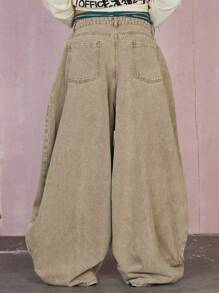 COUREZ Y2K Super Oversized Wide Leg Low Rise Jeans Vintage Cotton - Brown - View 3