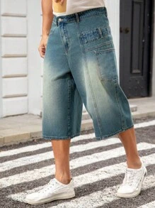 Manfinity EMRG 男士时尚牛仔短裤，适合夏季 - 中等水洗藍 - 查看 4