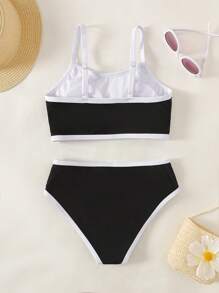 Tween Girls Solid Color Splice Pattern Casual Bikini Set - Black and White - View 5