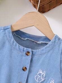 女童牛仔连衣裙，新款女童休闲短袖蝴蝶印花连衣裙，4岁、5岁、6岁女童服装套装，蓬蓬裙 - 淺色水洗藍 - 查看 5