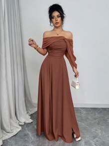 Rafferiza 女士露肩褶饰高领扭腰连衣裙