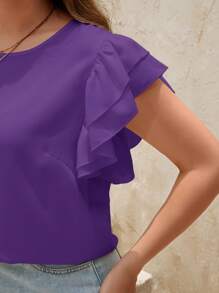 SHEIN Clasi Plus Size Solid Color Round Neck Ruffle Summer Casual Vacation Short Sleeve Blouse - Purple - View 6