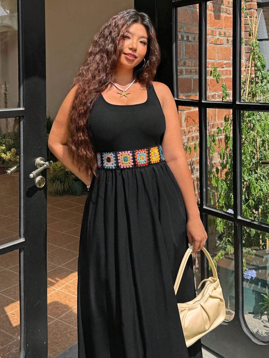 SHEIN EZwear Plus Size Black Maxi Dress: Sleeveless Scoop Neck Woven Fabric Dress With Crochet Detail For Summer  Black Women Dresses - Black - View 1