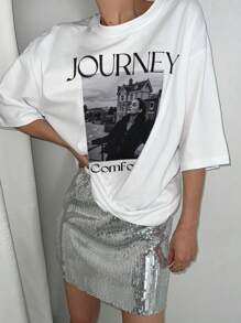 DAZY Women's Oversized Round Neck Letter & Figure Print Dropped Shoulder T-Shirt Graphic Tee Streetwear - White - View 3