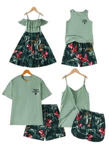 Tropical Plant Print Short Dress For Mother And Daughter, Casual Resort Style Loose Fitting Dress, Suitable For Vacation, Family Activities, Outgoing, Spring/Summer