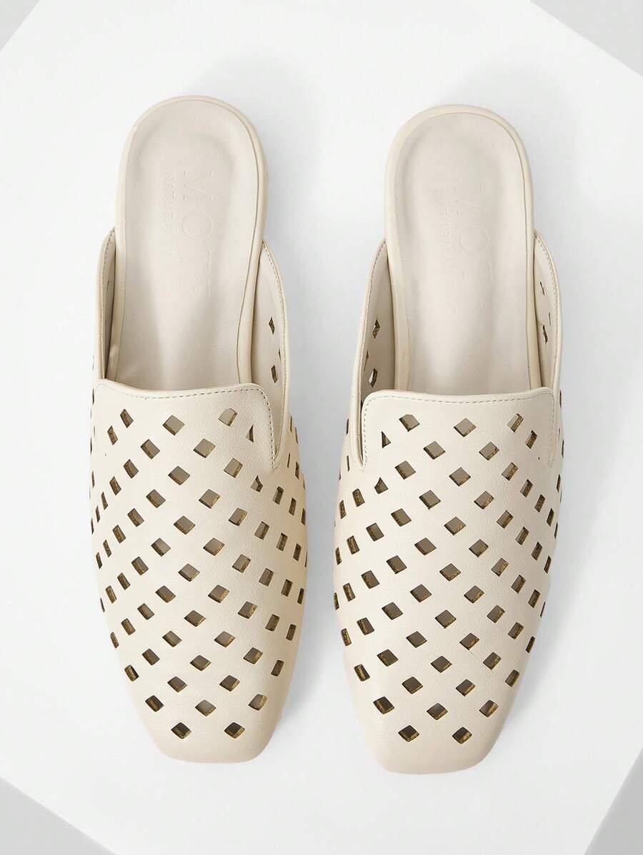 MOTF PREMIUM LASER PERFORATED SLIP-ON MULES, SQUARE TOE FLATS - Apricot - View 1