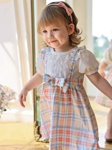 Souflis Souflis Baby Girl Puff Sleeve Peter Pan Collar Bowknot Dopamine Grid Cute Front Decorated Jumper Dress