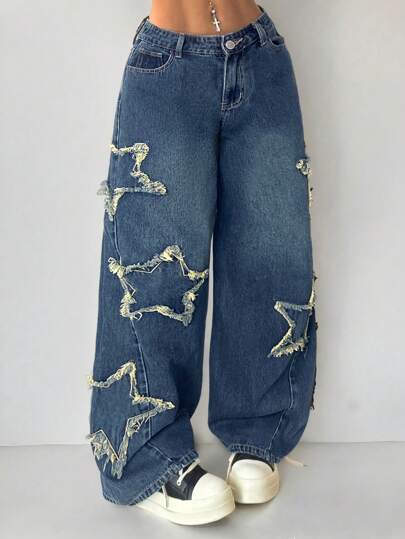 Coolane 女款饶舌歌手运动休闲 Grunge 星星图案洗水牛仔裤