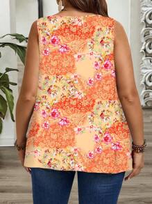 EMERY ROSE Plus Size Tie Dye Orange Print Pleated Loose Fit Spaghetti Strap Top & Camisole, Suitable For Spring/Summer Suitable For Going Out - Multicolor - View 2
