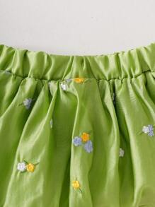SHEIN 女婴黄色花卉刺绣吊带背心和裙子套装，夏季 - 綠色 - 查看 3