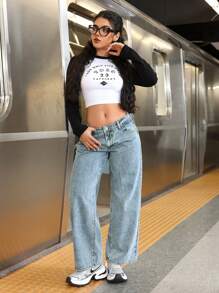 SHEIN PETITE Quần Jeans Ống Rộng Túi Rộng Thường Ngày Cho Nữ - Màu xanh lam - Xem 3