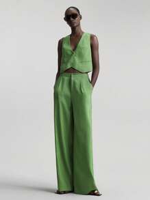 Ontre 2026 Women's 2-Piece Linen V-Neck Vest And Pants Suit,Green Summer Smart Casual Brunch,Business Office Wear,Old Money Style Urban Commuting Fashion - Green - View 3