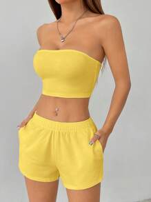 SHEIN PETITE Women's Solid Color Casual Two Pieces Set - Yellow - View 4