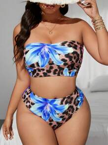 Swim Vcay Set Baju Renang Bikini Bandeau Motif Leopard & Bunga Tropis Acak untuk Wanita Ukuran Besar, Cocok untuk Liburan Pantai Musim Panas - Royal Blue - View 1