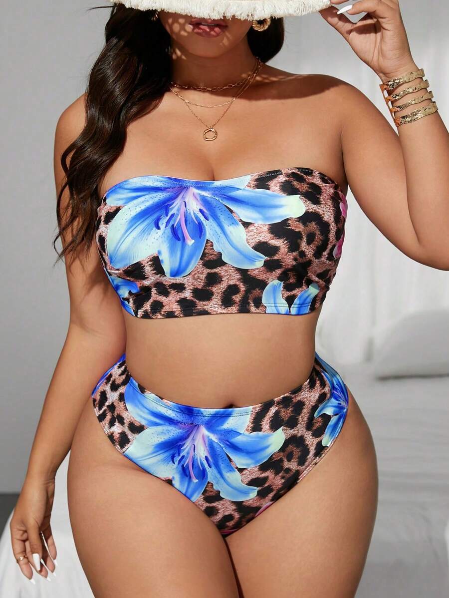 Swim Vcay Set Baju Renang Bikini Bandeau Motif Leopard & Bunga Tropis Acak untuk Wanita Ukuran Besar, Cocok untuk Liburan Pantai Musim Panas - Royal Blue - View 1