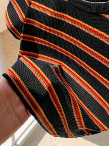 Comfortcana 彩色条纹短袖圆领大码T恤，夏季时尚 - 黑色 - 查看 5