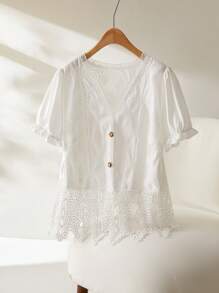 CosyJoli Camicia casual ed elegante con ricami e patchwork, manica corta, taglie comode