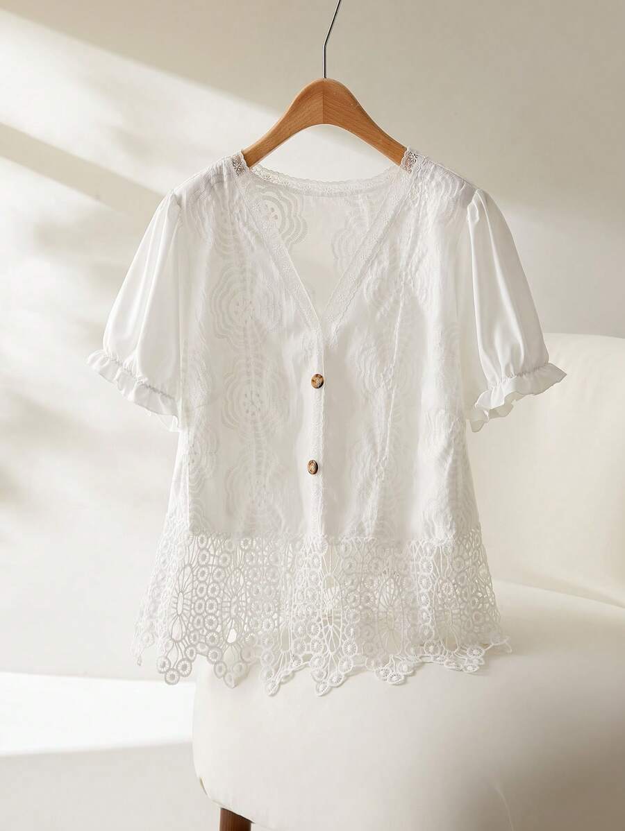 CosyJoli Camicia casual ed elegante con ricami e patchwork, manica corta, taglie comode