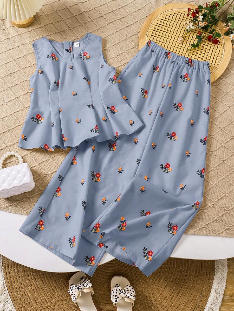 SHEIN LMoss Kids LMoss Tween Girl Tween Girl Loose Casual Sleeveless V-Neck Blouse With Wide-Leg Floral Pants, 2pcs/Set