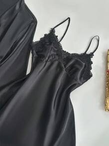 SilkySpell 5pcs/Set Women Embroidered Edge Camisole Top, Shorts, Pants, Nightdress, Belted Robe, Faux Silk Pajamas Set, Fall Winter Clothes - Black - View 6