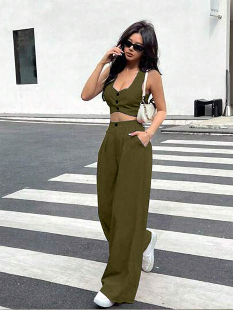INAWLY 女式单排扣短款背心和休闲裤两件套 - 軍綠色 - 查看 1
