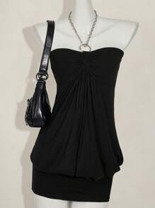 SHEIN ICON 链式领口紧身纯色无袖性感迷你连衣裙，夏季 - 黑色 - 查看 1