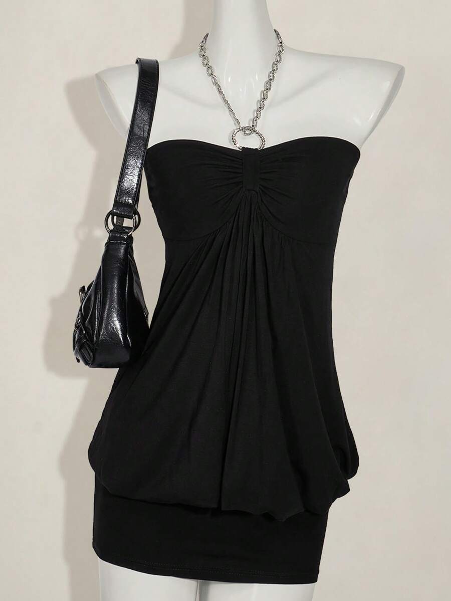 SHEIN ICON 链式领口紧身纯色无袖性感迷你连衣裙，夏季 - 黑色 - 查看 1