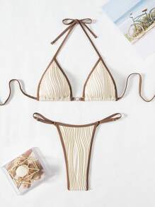 Swim Mod 2 Stücke/Set Damen elegantes Halfter gebundenes Aprikose & Kaffee Schnürbikini Set mit Metall Dekoration, passend für Resort Urlaub, Frühling/Sommer