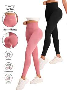 SHEIN Sports 简约纯色高腰无缝打底裤 - 彩色 - 查看 4