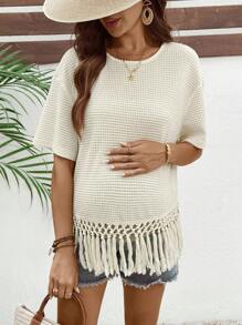 SHEIN Camiseta casual de embarazo holgada con dobladillo con flecos y cuello redondo de un solo color