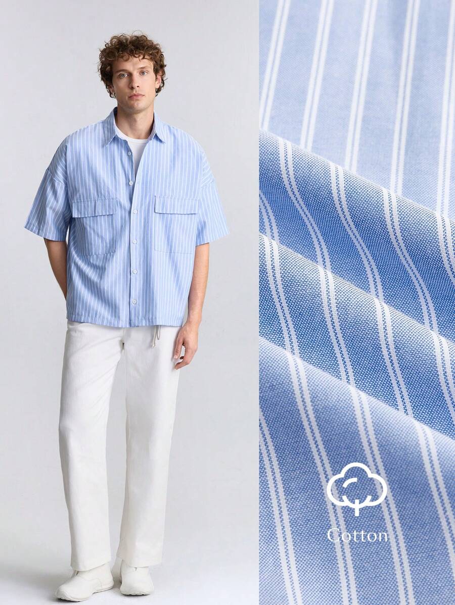 Ontre 2025 Spring/Summer Front Button Short Sleeve Pocket Striped Casual Shirt, Versatile, Breathable, Soft, Contrasting Stripes, Sunny Stylish - Baby Blue - View 1