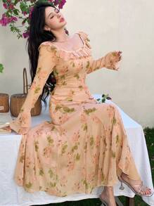 DAZY Damen langes Blumenkleid, Frühlings-/Herbstkleid mit Langarm