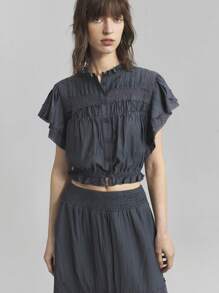 Ontre 2 件套女式夏季套装：纯色蕾丝荷叶边袖衬衫和裙子休闲套装