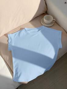 Comfortcana Women's Solid Color Round Neck Short Sleeve Casual Versatile T-Shirt - Baby Blue - View 5