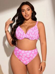 Swim Vcay Floral Print Plus Size Halter Swimsuit Set For Summer Beach Vacation - Pink - View 3