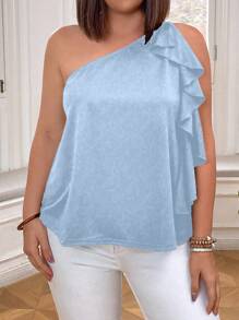 SHEIN Clasi Plus Size Women Sleeveless Solid Color Asymmetric Shoulder Ruffle Collar Casual Top - Baby Blue - View 5