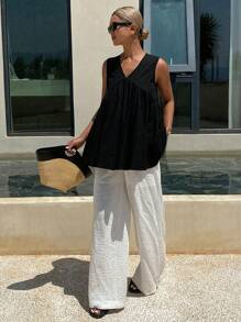 Livesso Solid Color V-Neck Sleeveless Loose Casual Summer Tank Top For Women Babydoll Top