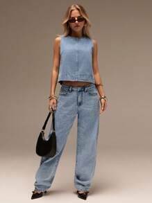 SHEIN Forever 21 Xuân Hè Nữ Lãng mạn/Dạ hội/Trang trọng/Sinh nhật/Thập niên 90/Quần áo công sở nữ/Thanh lịch/Sinh nhật/Dạo phố Thu Đông Nữ Trang trọng/Trở lại trường/Halloween/Khách dự tiệc cưới/Kỳ nghỉ/Y2K/Bãi biển/Dễ thương/Giáo viên/Đi chơi/Quần áo công sở/Trường học/Sinh nhật/Văn phòng/Hòa nhạc đồng quê/Câu lạc bộ Gợi cảm/Áo denim ngắn - Màu xanh lam - Xem 3