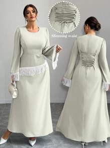 SHEIN Clasi Women's Blue & White Contrast Color Fringed Fitted A-Line Woven Dress - Mint Green - View 1