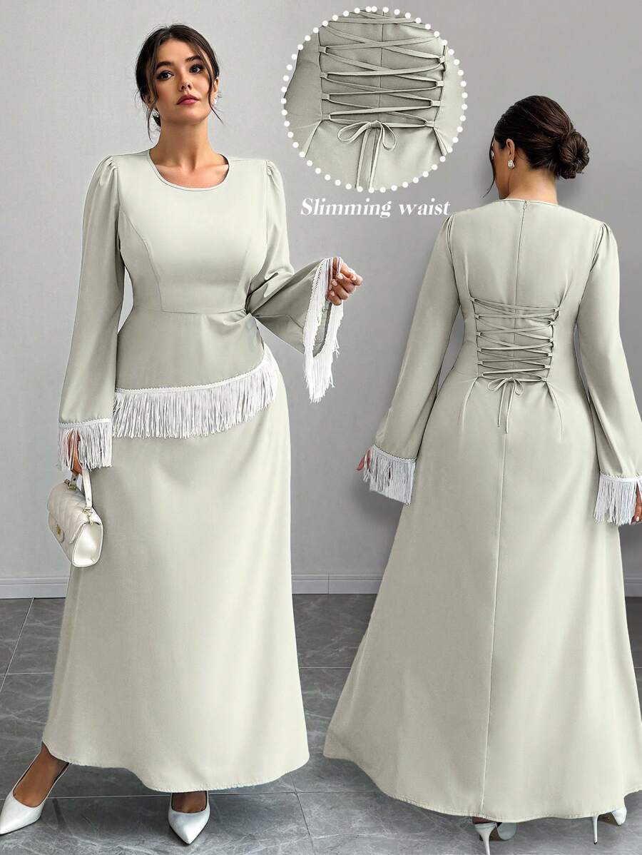 SHEIN Clasi Women's Blue & White Contrast Color Fringed Fitted A-Line Woven Dress - Mint Green - View 1