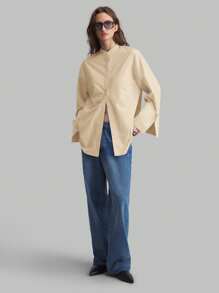 Ontre 超大号奶油黄色立领长袖衬衫，宽松袖口设计，百搭女士商务休闲衬衫，2025 年新款教师办公室服装 - 杏色 - 查看 4