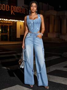 SHEIN BAE Áo crop top viền bất đối xứng sequin, Áo corset Stagecoach lễ hội âm nhạc, Buổi hòa nhạc - Rửa trung bình - Xem 6