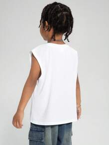 SHEIN 男童休闲韩版时尚无袖连帽衫上衣和拉链连帽衫套装，舒适，百搭，拼色印花，适合上学、日常穿着、运动、春夏 - 白色 - 查看 2