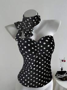 Elamini 女士时尚圆点印花褶饰抹胸上衣 - 黑色 - 查看 3