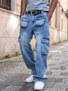 Manfinity EMRG Men's Medium Wash Denim Carpenter Jeans With Multiple Pockets And Zipper Detail - Medium Wash - View 3