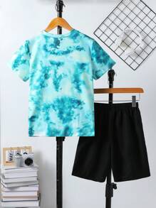 Tween Boys' Fashion Tie-Dye Print Smiling Face Crew Neck T-Shirt With Black Woven Shorts Set, Suitable For Outdoor Sports & Holiday In Summer - Green - View 3